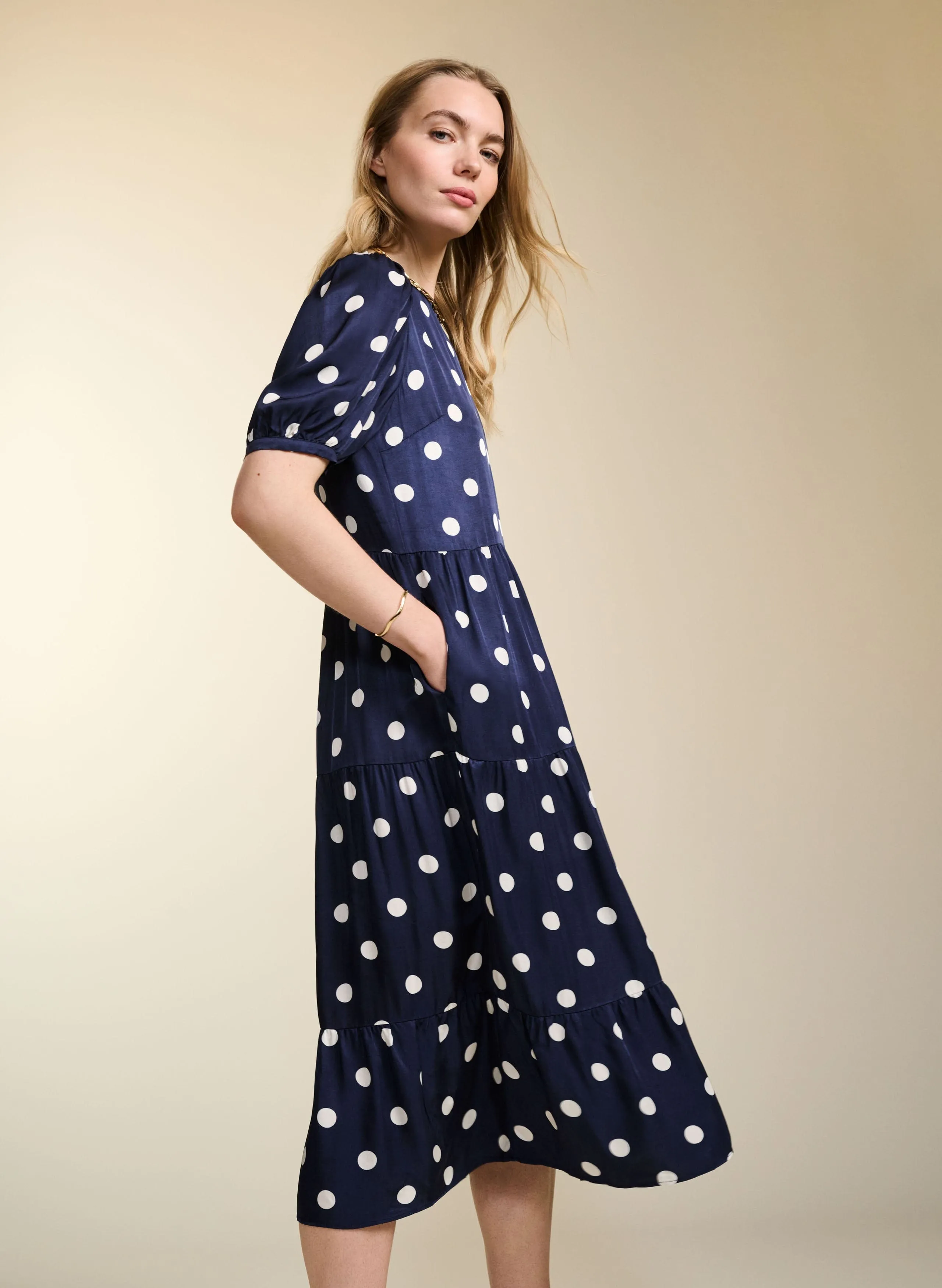 Manon Satin Dress | Navy Big Polka