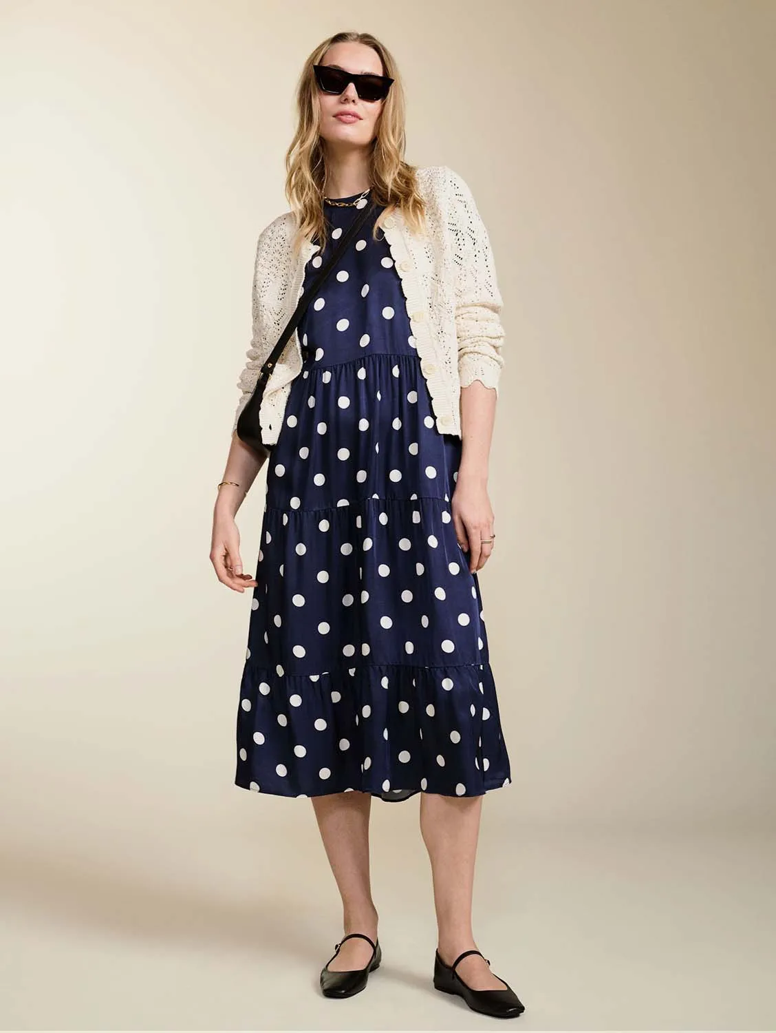 Manon Satin Dress | Navy Big Polka