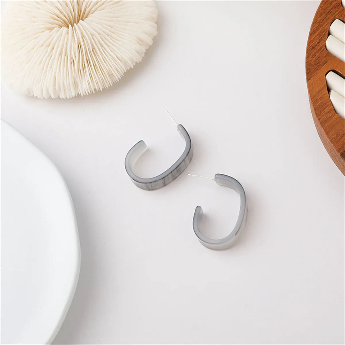 Marble Acrylic & Silver-Plated Huggie Earrings
