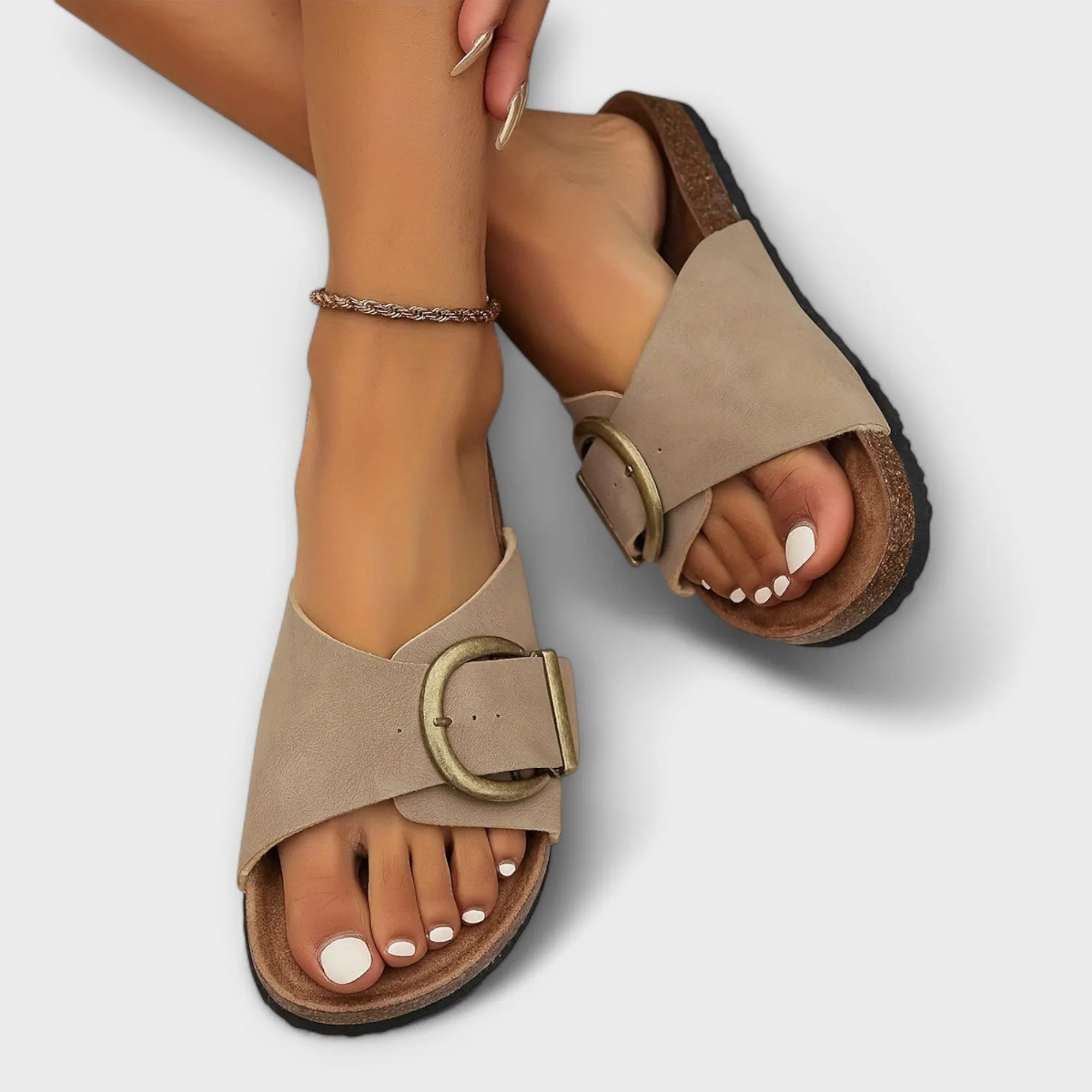 Margie - Women's Cork Mules with Buckle Strap Design