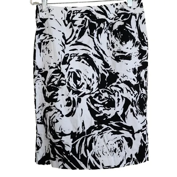 Max Mara Studio Pencil Skirt Italy Size L 12  White Black Rose Cotton Stretch