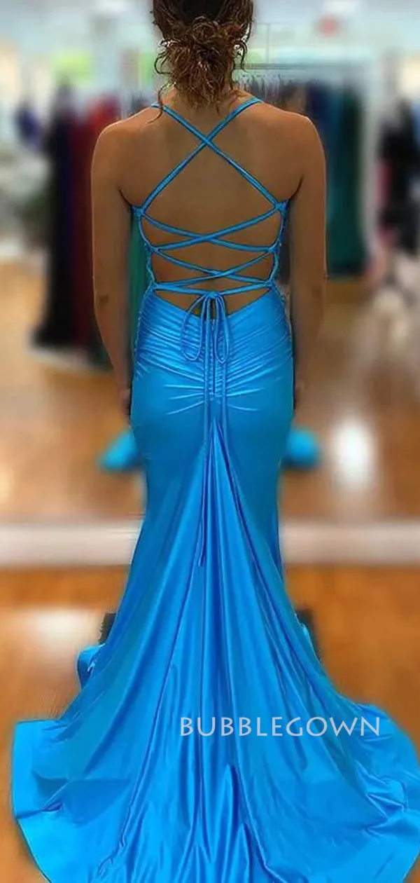 Mermaid Blue Sheath Spaghetti Straps V-neck Long Prom Dresses, BGS0447