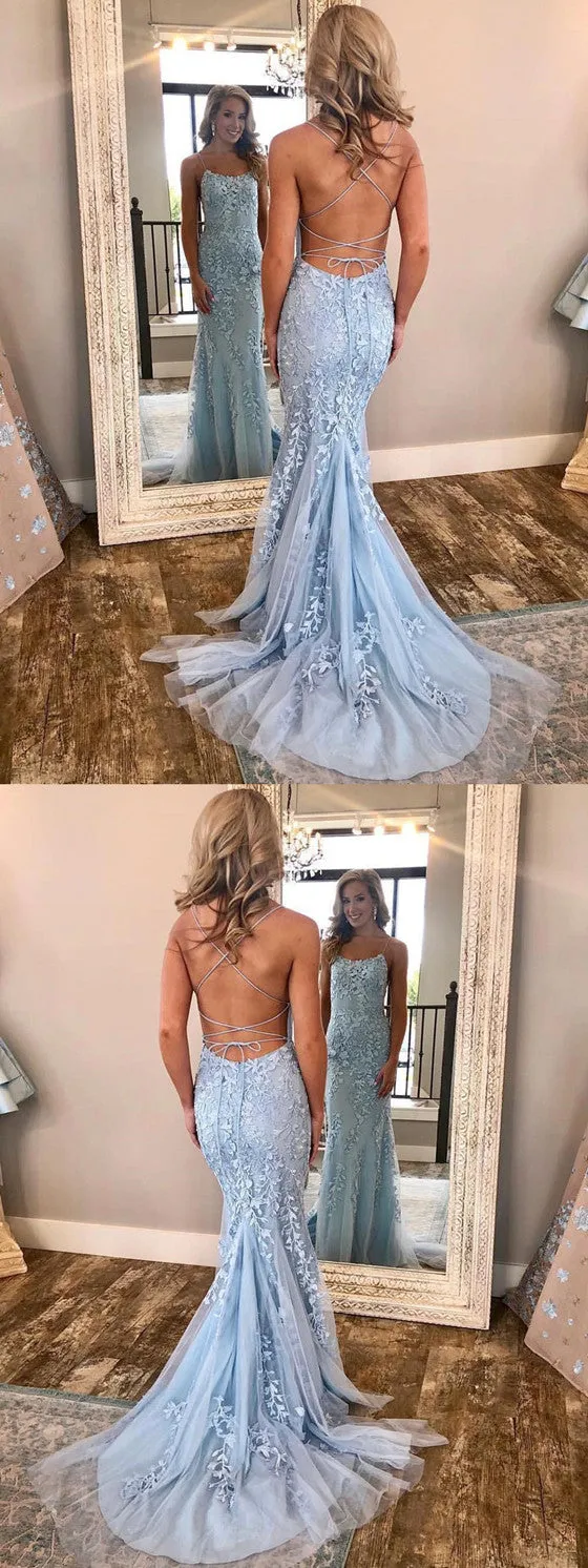 Mermaid Spaghetti Strap Appliques Lace Up Back Prom Dresses With Train, PD0558