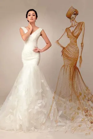 Mermaid V-neck Lace-up Appliques Court Train Wedding Dress WD044