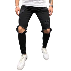 Mid Waisted Skinny Men's Large Ripped Jeans Pencil Pants