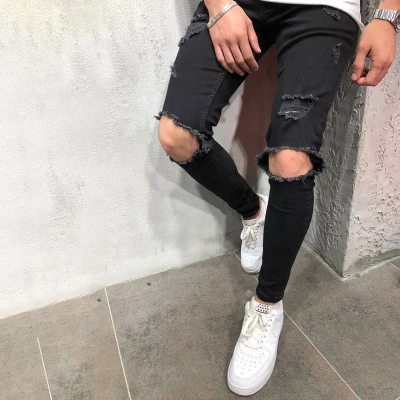 Mid Waisted Skinny Men's Large Ripped Jeans Pencil Pants
