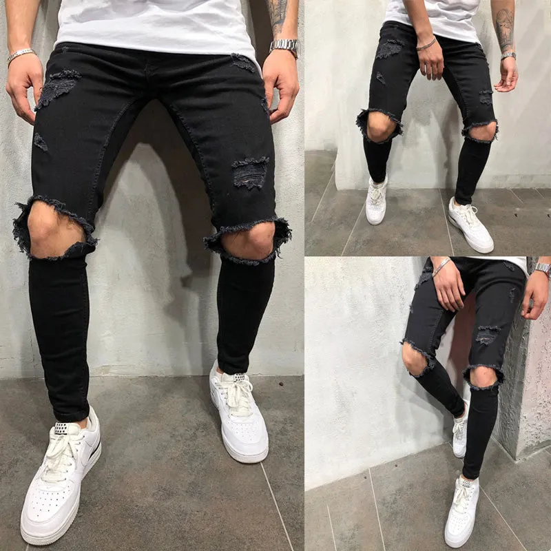 Mid Waisted Skinny Men's Large Ripped Jeans Pencil Pants