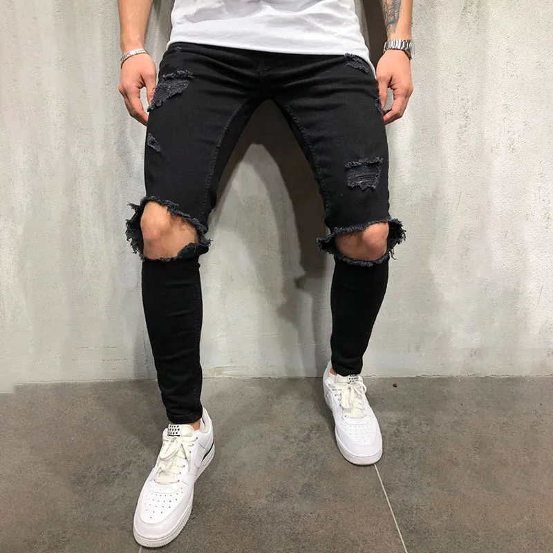 Mid Waisted Skinny Men's Large Ripped Jeans Pencil Pants