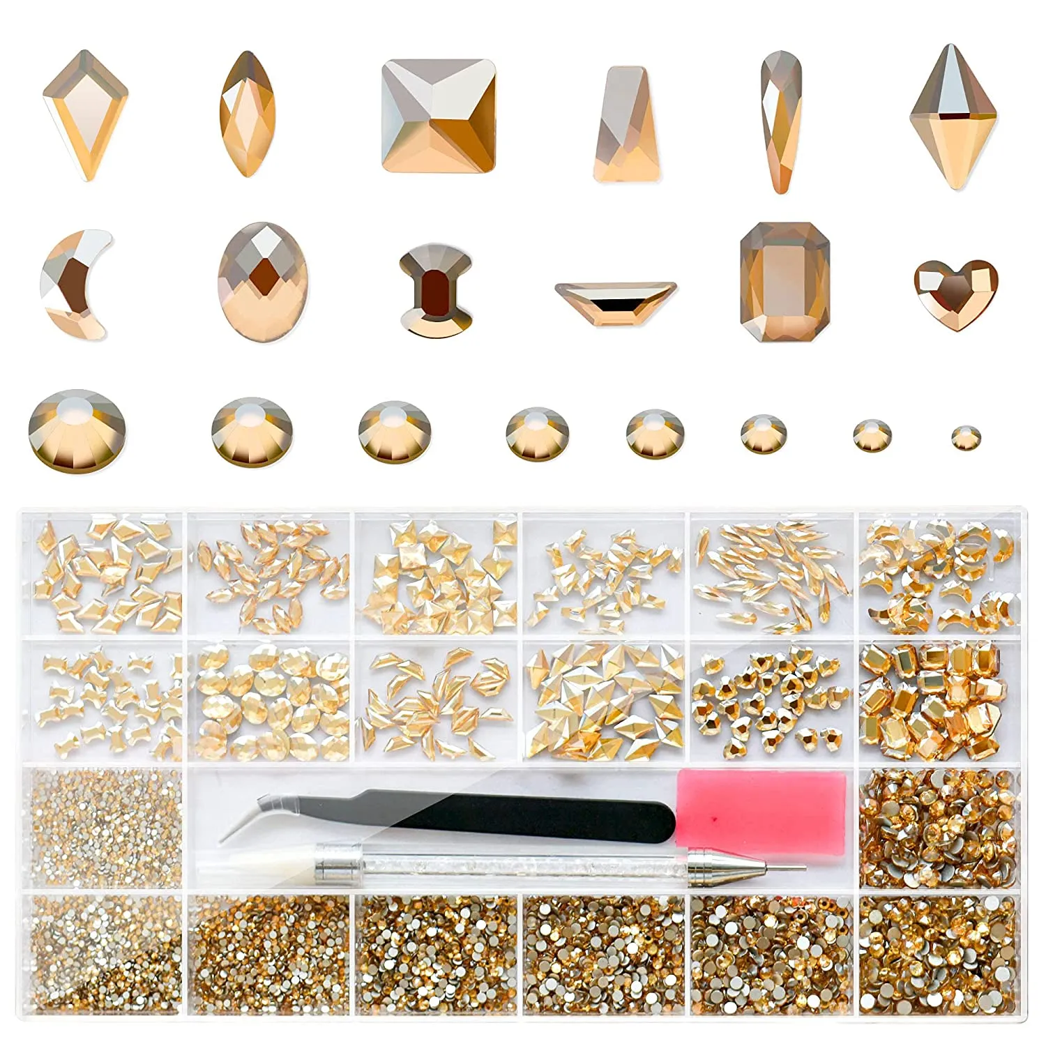 Molisaka Nail Rhinestones Set, Multi Shapes Champagne Gold Rhinestones for Nails, Mixed Size Nail Charms, Flatback Nail Jewels Rhinestones with Wax Pencil and Tweezers, Storage in Rinestones Set Box