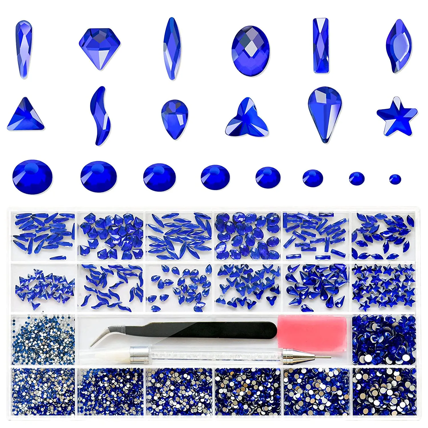 Molisaka Nail Rhinestones Set, Multi Shapes Champagne Gold Rhinestones for Nails, Mixed Size Nail Charms, Flatback Nail Jewels Rhinestones with Wax Pencil and Tweezers, Storage in Rinestones Set Box