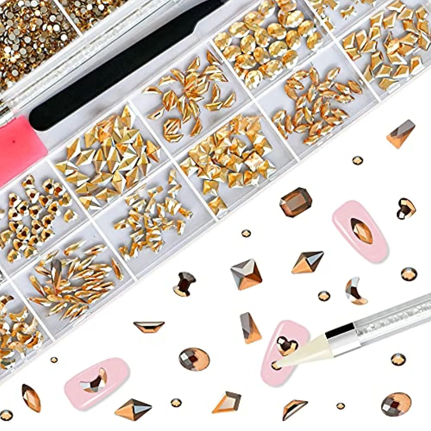 Molisaka Nail Rhinestones Set, Multi Shapes Champagne Gold Rhinestones for Nails, Mixed Size Nail Charms, Flatback Nail Jewels Rhinestones with Wax Pencil and Tweezers, Storage in Rinestones Set Box