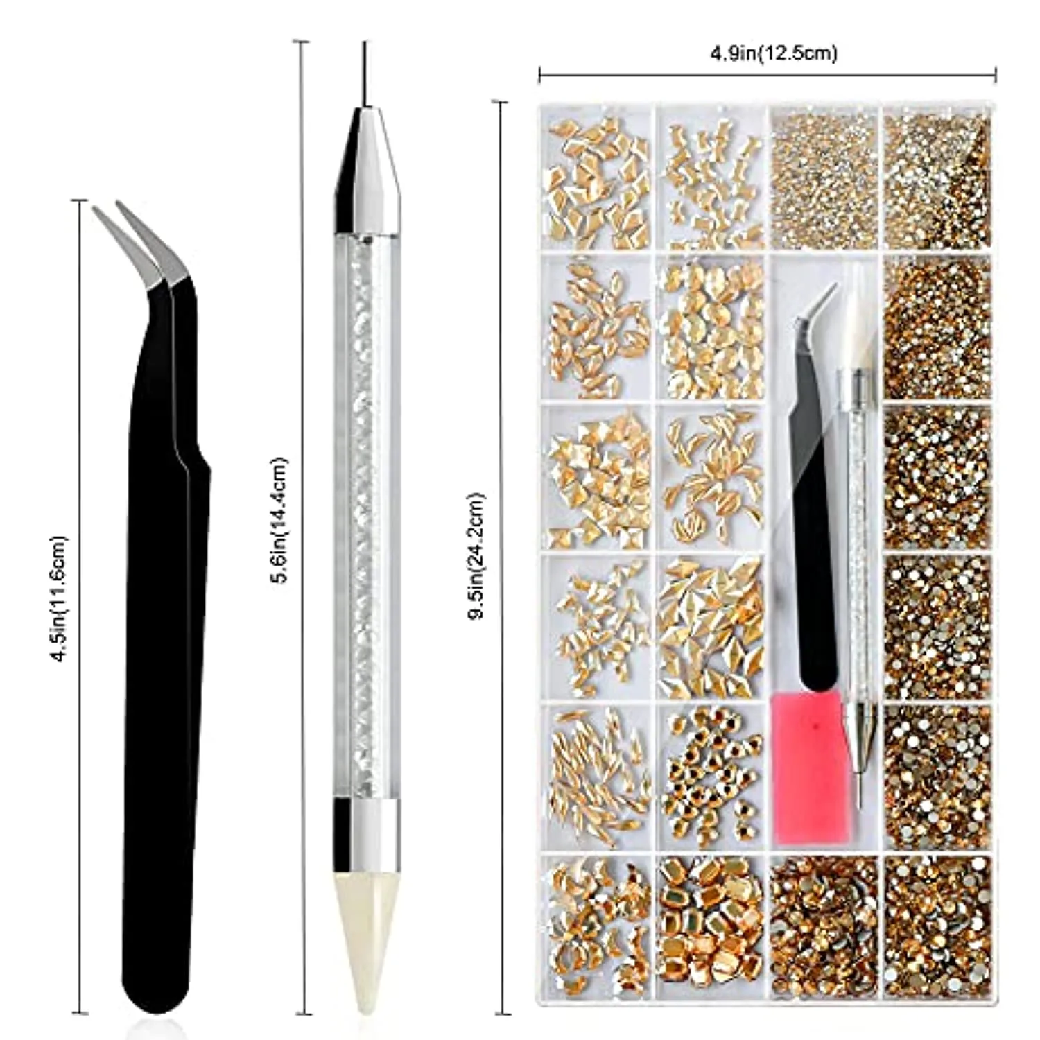 Molisaka Nail Rhinestones Set, Multi Shapes Champagne Gold Rhinestones for Nails, Mixed Size Nail Charms, Flatback Nail Jewels Rhinestones with Wax Pencil and Tweezers, Storage in Rinestones Set Box