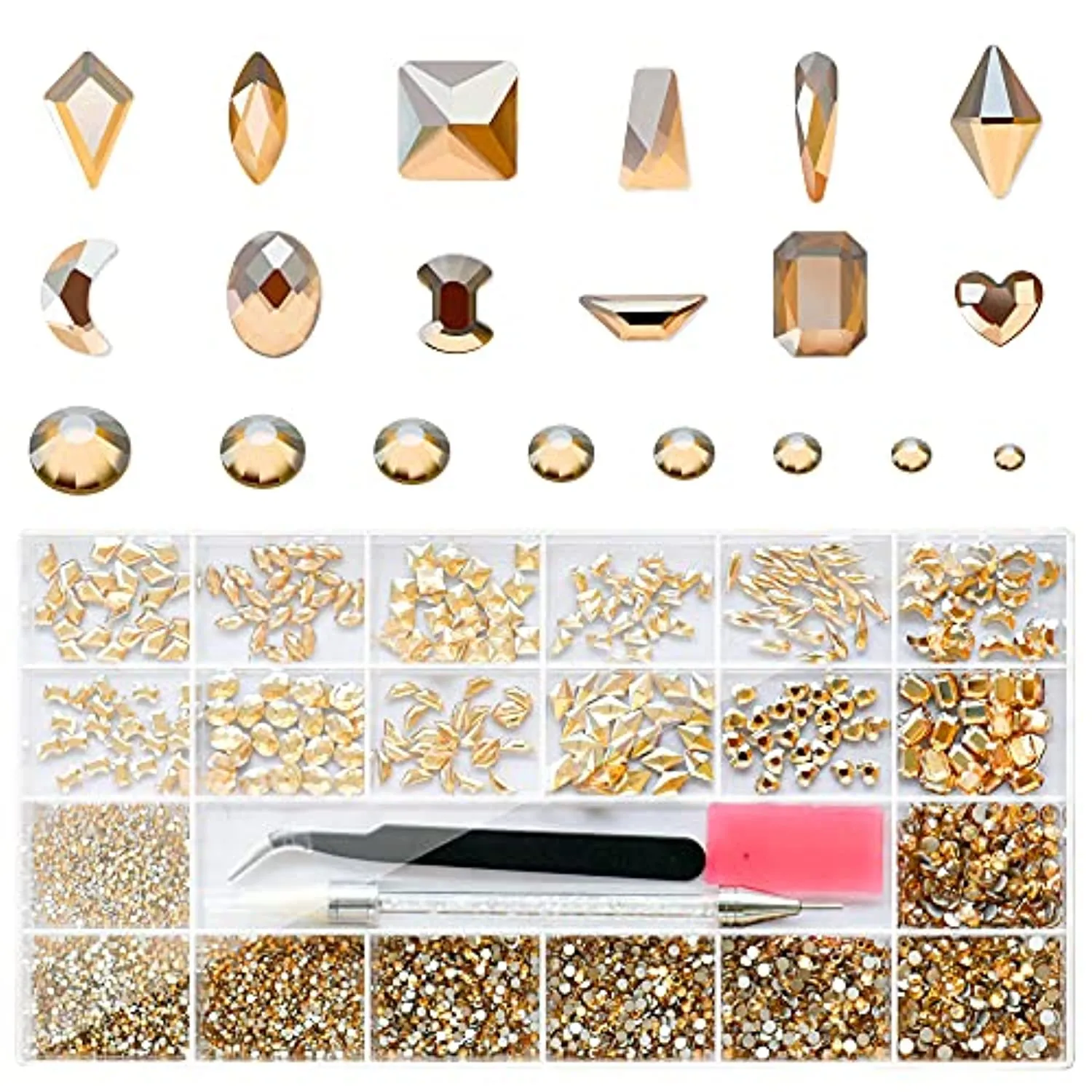 Molisaka Nail Rhinestones Set, Multi Shapes Champagne Gold Rhinestones for Nails, Mixed Size Nail Charms, Flatback Nail Jewels Rhinestones with Wax Pencil and Tweezers, Storage in Rinestones Set Box