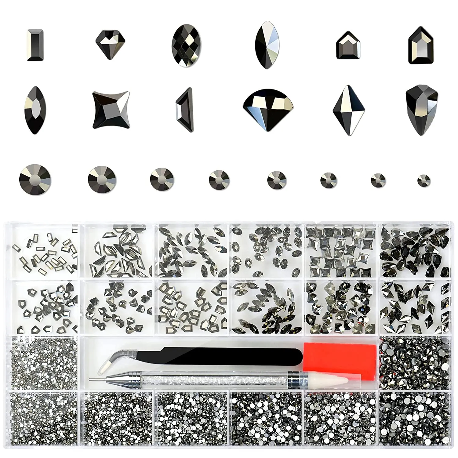 Molisaka Nail Rhinestones Set, Multi Shapes Champagne Gold Rhinestones for Nails, Mixed Size Nail Charms, Flatback Nail Jewels Rhinestones with Wax Pencil and Tweezers, Storage in Rinestones Set Box
