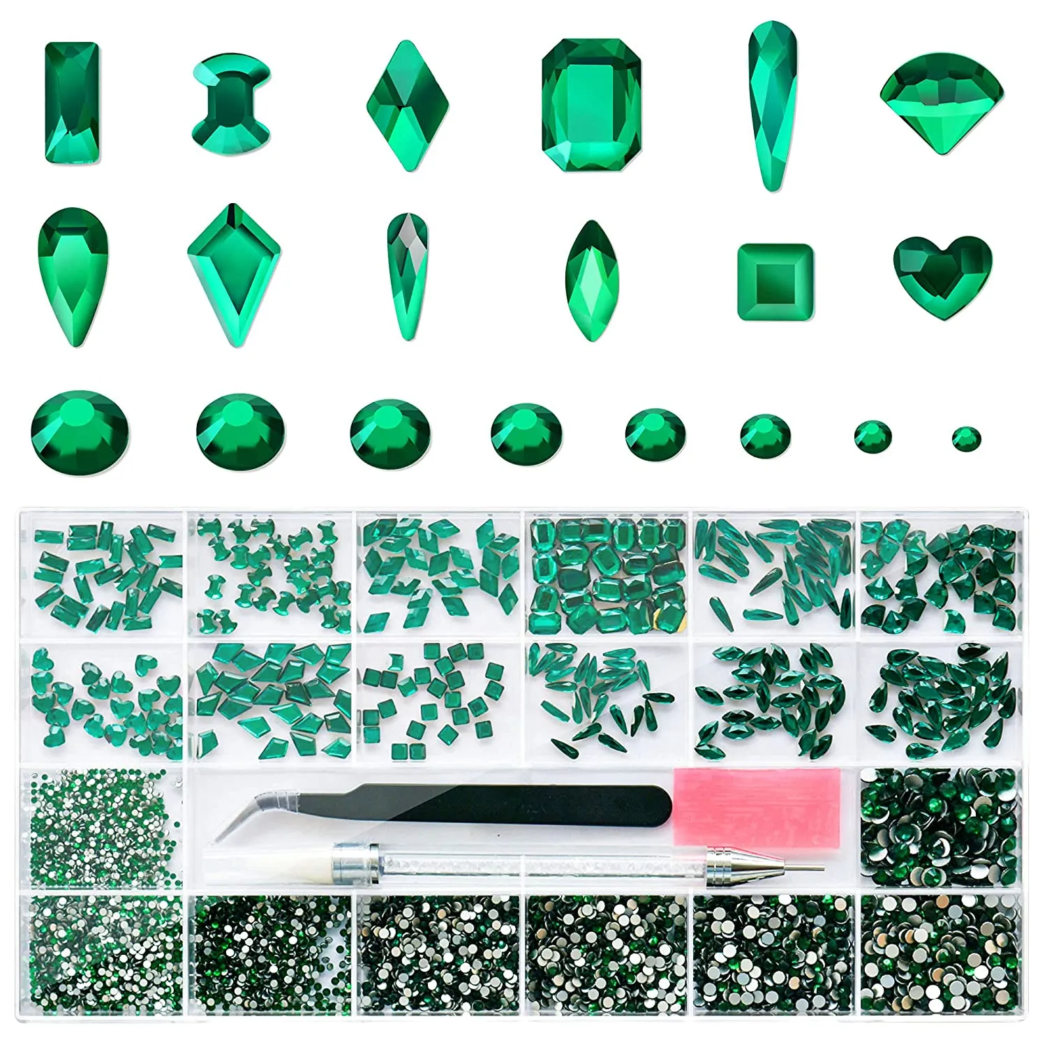 Molisaka Nail Rhinestones Set, Multi Shapes Champagne Gold Rhinestones for Nails, Mixed Size Nail Charms, Flatback Nail Jewels Rhinestones with Wax Pencil and Tweezers, Storage in Rinestones Set Box