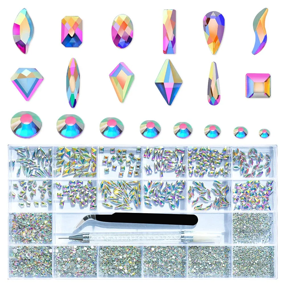Molisaka Nail Rhinestones Set, Multi Shapes Champagne Gold Rhinestones for Nails, Mixed Size Nail Charms, Flatback Nail Jewels Rhinestones with Wax Pencil and Tweezers, Storage in Rinestones Set Box