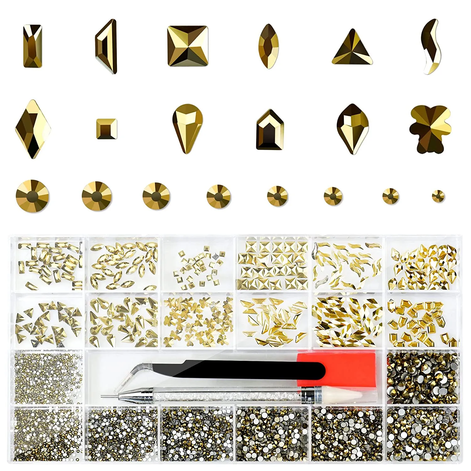 Molisaka Nail Rhinestones Set, Multi Shapes Champagne Gold Rhinestones for Nails, Mixed Size Nail Charms, Flatback Nail Jewels Rhinestones with Wax Pencil and Tweezers, Storage in Rinestones Set Box