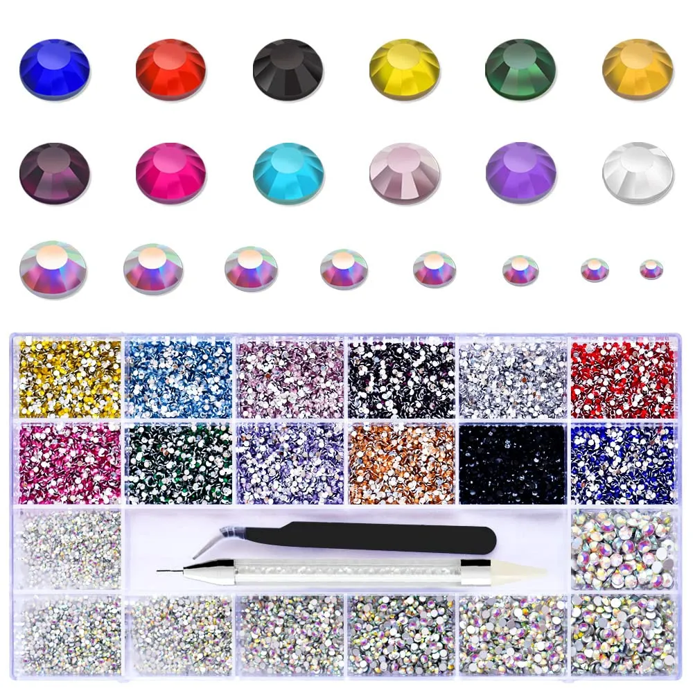 Molisaka Nail Rhinestones Set, Multi Shapes Champagne Gold Rhinestones for Nails, Mixed Size Nail Charms, Flatback Nail Jewels Rhinestones with Wax Pencil and Tweezers, Storage in Rinestones Set Box