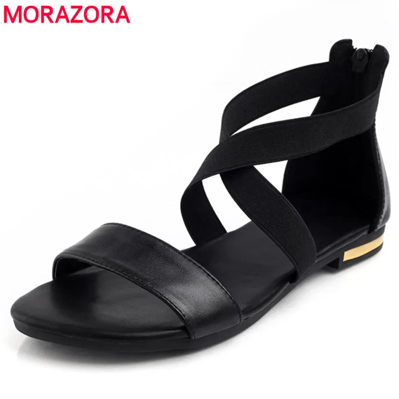 MORAZORA 2018 Genuine Leather Women Sandals Hot Sale Fashion Summer Sweet Women Flats Heel Sandals Ladies Shoes Black