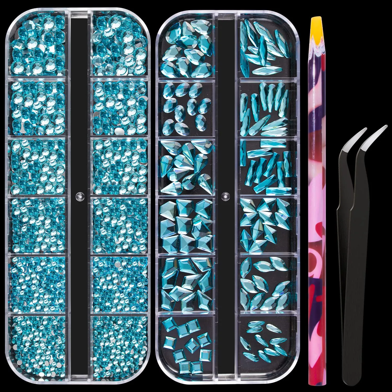 Multi Shapes 3D Glass AB Crystal Nail Art Rhinestones Kit with Flatback Round Bead Charm Gem Stone Jewelry Diamond with Pickup Pen   Tweezer for Manicure Craft Decoration by BELLEBOOST (Iridescent)