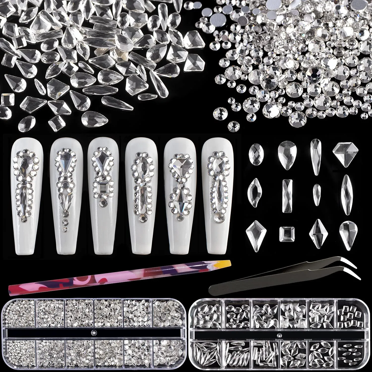 Multi Shapes 3D Glass AB Crystal Nail Art Rhinestones Kit with Flatback Round Bead Charm Gem Stone Jewelry Diamond with Pickup Pen   Tweezer for Manicure Craft Decoration by BELLEBOOST (Iridescent)