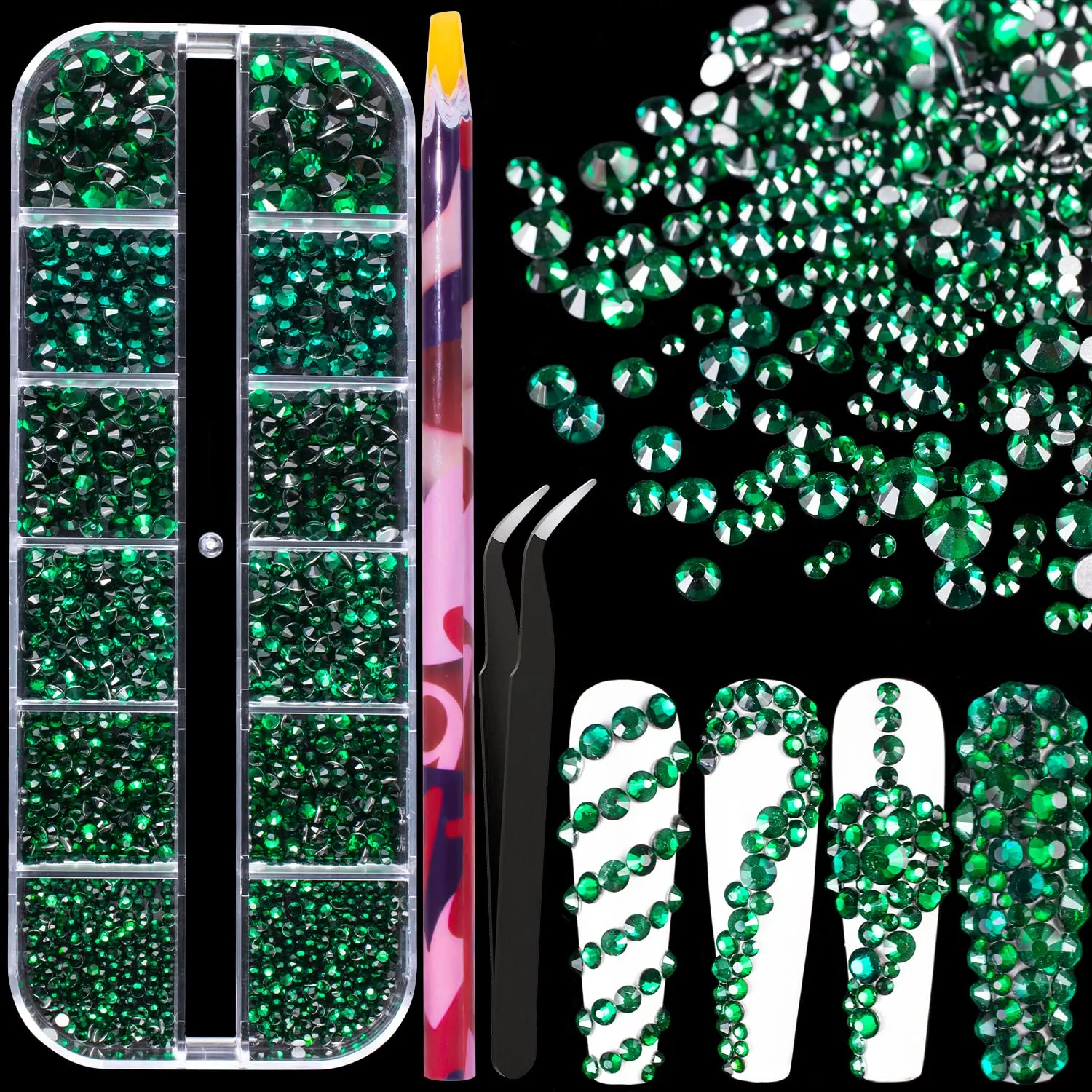 Multi Shapes 3D Glass AB Crystal Nail Art Rhinestones Kit with Flatback Round Bead Charm Gem Stone Jewelry Diamond with Pickup Pen   Tweezer for Manicure Craft Decoration by BELLEBOOST (Iridescent)