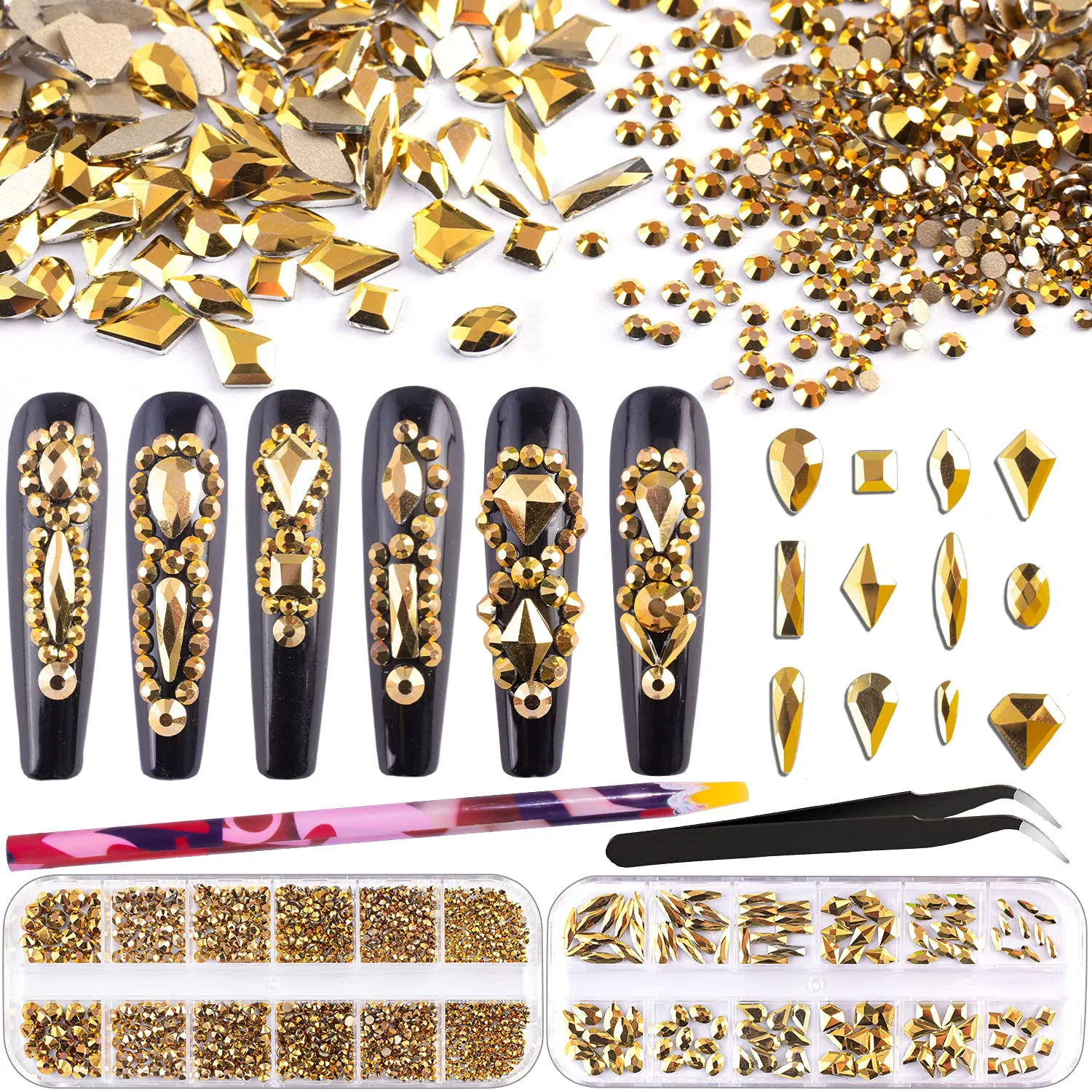Multi Shapes 3D Glass AB Crystal Nail Art Rhinestones Kit with Flatback Round Bead Charm Gem Stone Jewelry Diamond with Pickup Pen   Tweezer for Manicure Craft Decoration by BELLEBOOST (Iridescent)