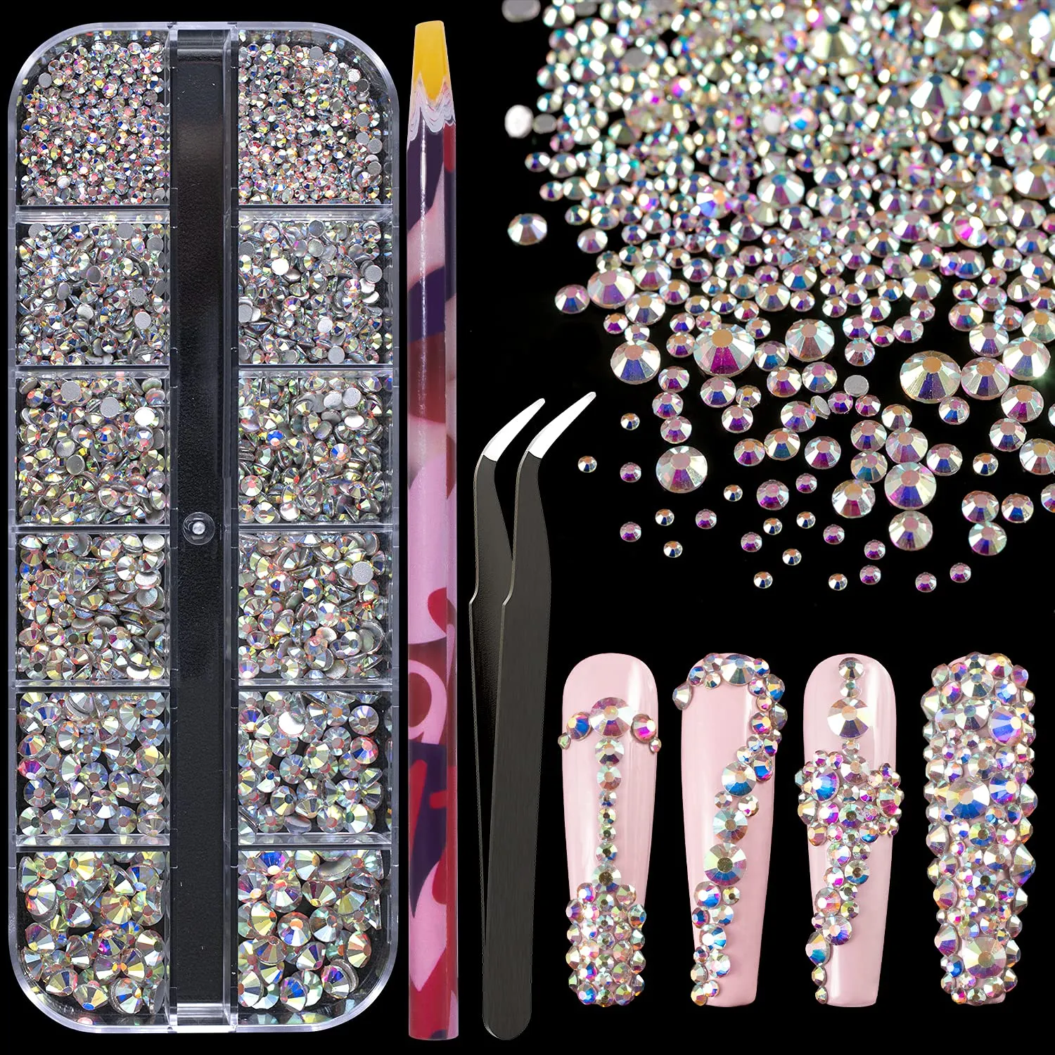 Multi Shapes 3D Glass AB Crystal Nail Art Rhinestones Kit with Flatback Round Bead Charm Gem Stone Jewelry Diamond with Pickup Pen   Tweezer for Manicure Craft Decoration by BELLEBOOST (Iridescent)