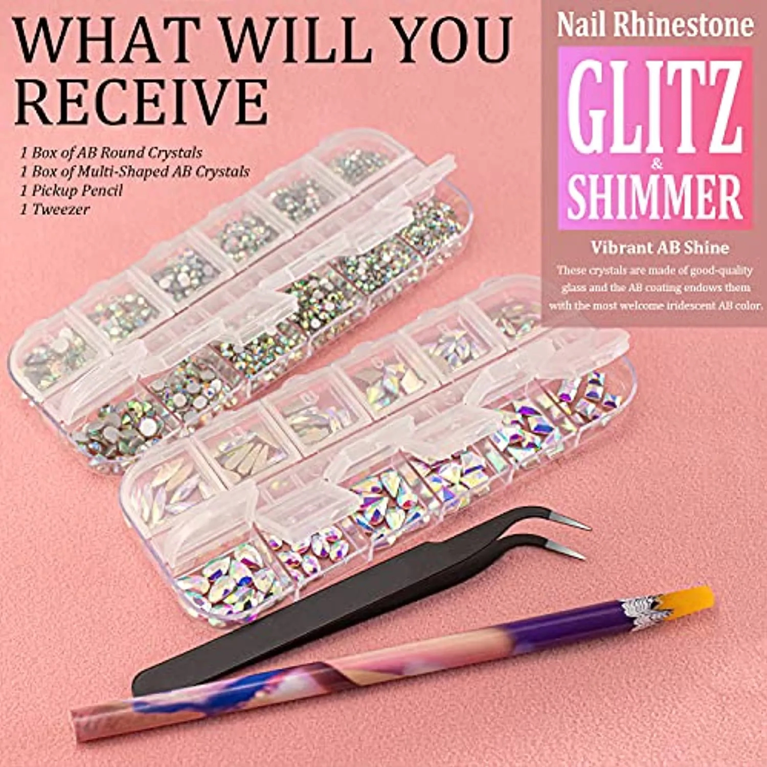 Multi Shapes 3D Glass AB Crystal Nail Art Rhinestones Kit with Flatback Round Bead Charm Gem Stone Jewelry Diamond with Pickup Pen   Tweezer for Manicure Craft Decoration by BELLEBOOST (Iridescent)