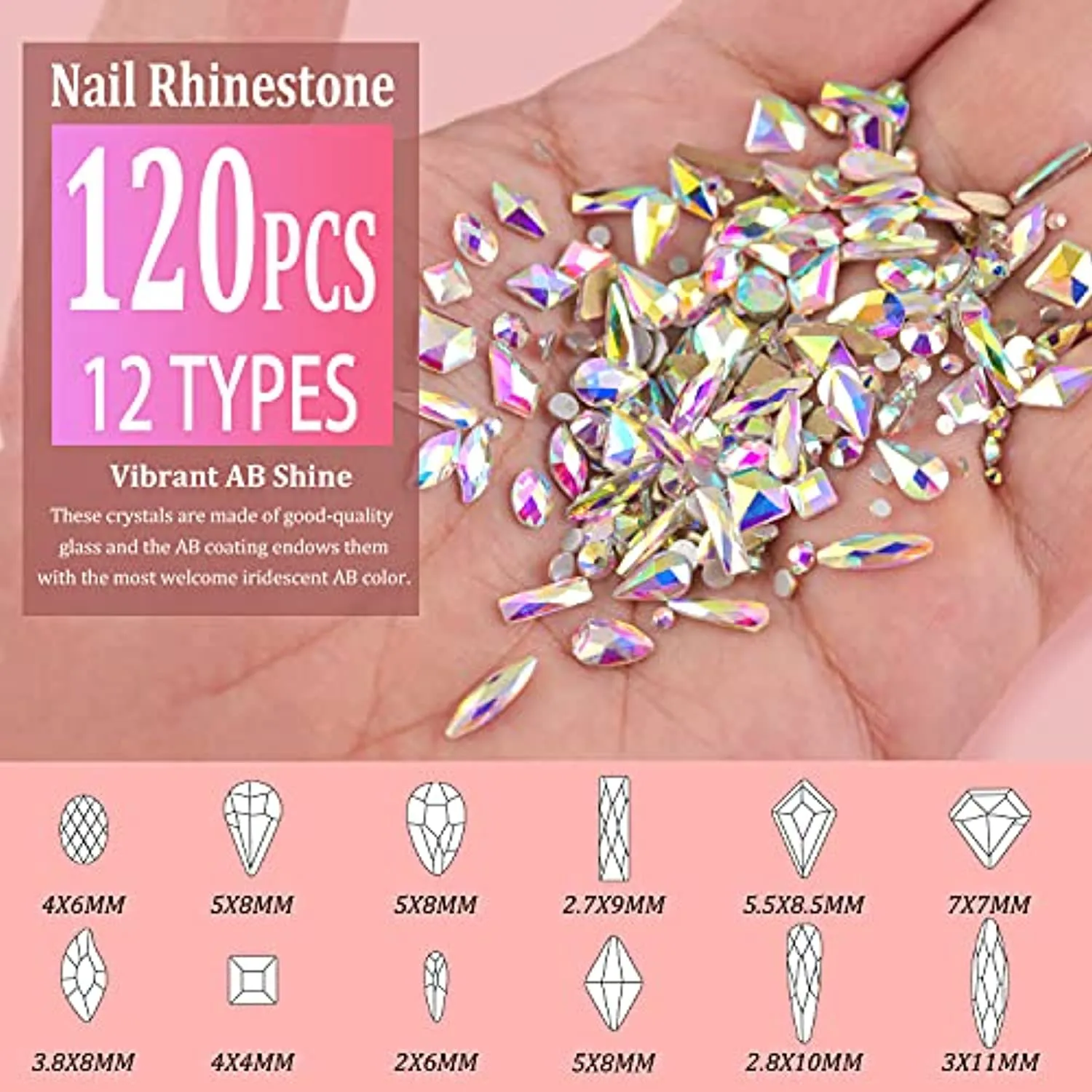 Multi Shapes 3D Glass AB Crystal Nail Art Rhinestones Kit with Flatback Round Bead Charm Gem Stone Jewelry Diamond with Pickup Pen   Tweezer for Manicure Craft Decoration by BELLEBOOST (Iridescent)