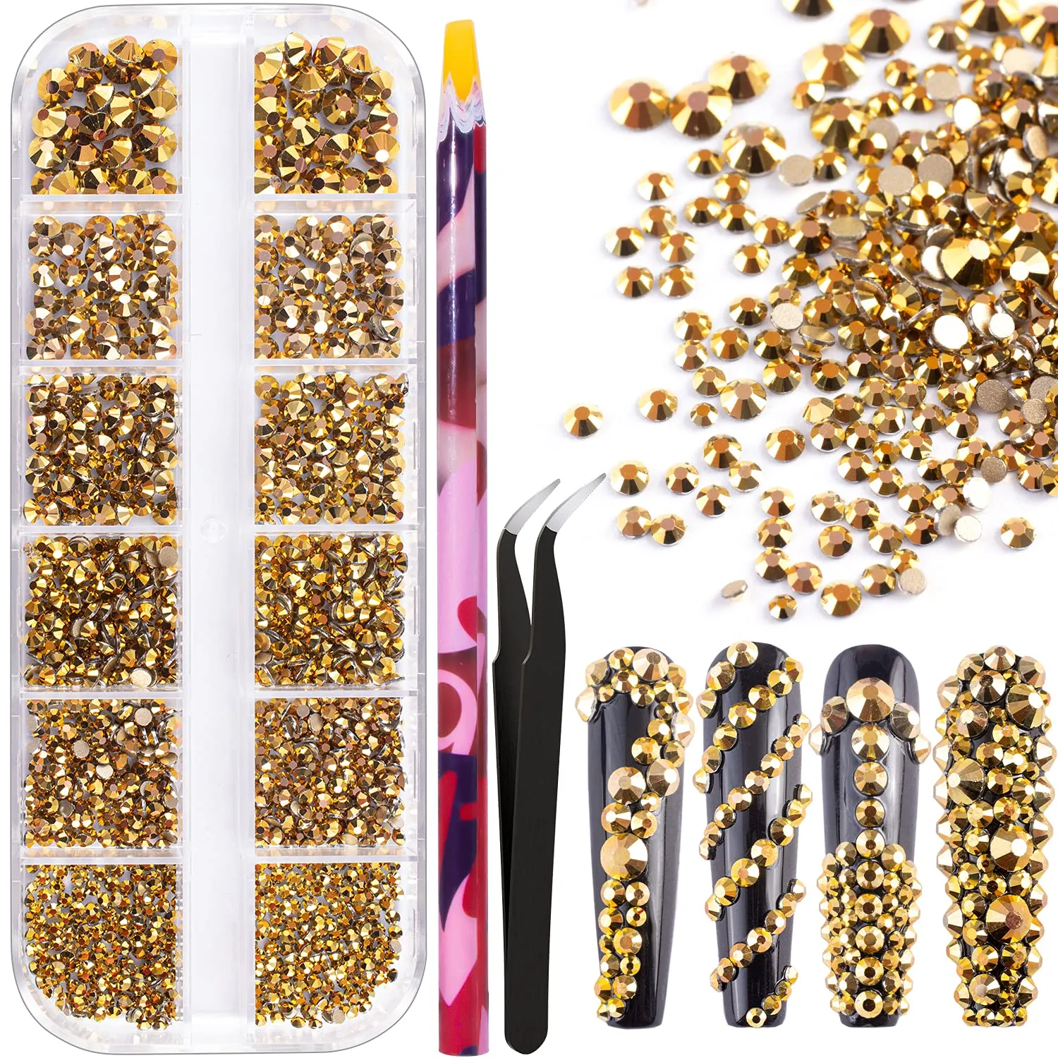 Multi Shapes 3D Glass AB Crystal Nail Art Rhinestones Kit with Flatback Round Bead Charm Gem Stone Jewelry Diamond with Pickup Pen   Tweezer for Manicure Craft Decoration by BELLEBOOST (Iridescent)