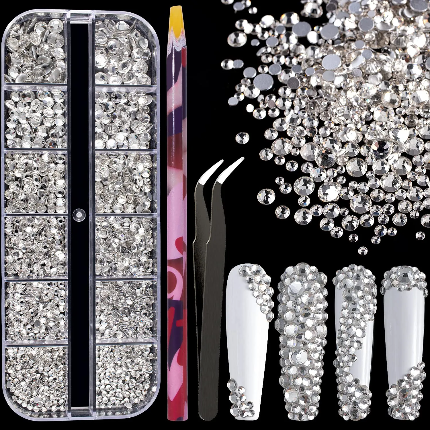 Multi Shapes 3D Glass AB Crystal Nail Art Rhinestones Kit with Flatback Round Bead Charm Gem Stone Jewelry Diamond with Pickup Pen   Tweezer for Manicure Craft Decoration by BELLEBOOST (Iridescent)