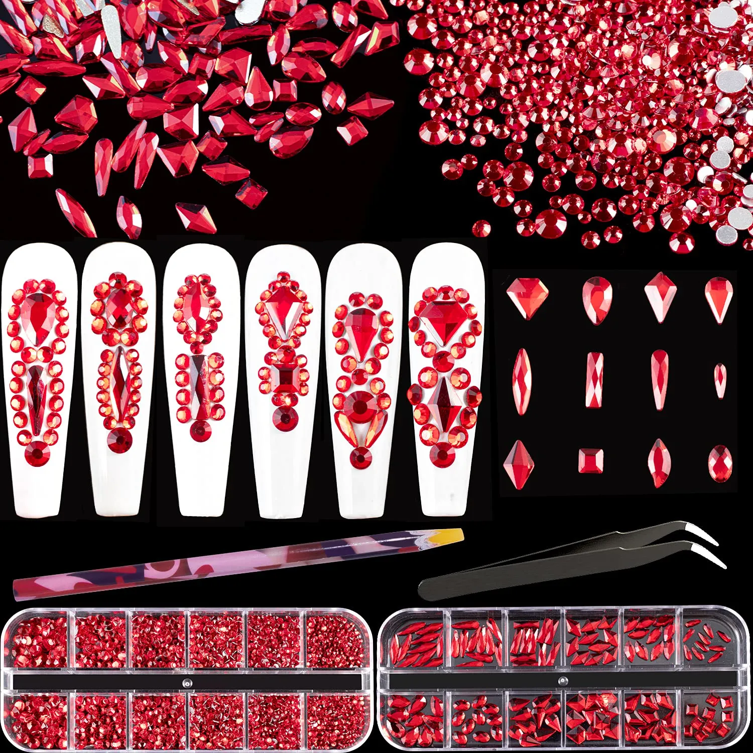 Multi Shapes 3D Glass AB Crystal Nail Art Rhinestones Kit with Flatback Round Bead Charm Gem Stone Jewelry Diamond with Pickup Pen   Tweezer for Manicure Craft Decoration by BELLEBOOST (Iridescent)