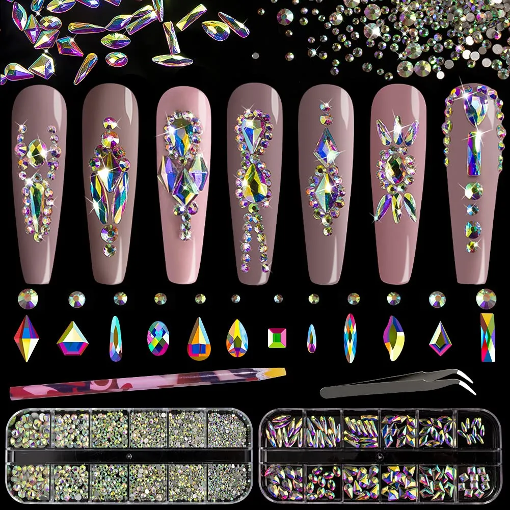 Multi Shapes 3D Glass AB Crystal Nail Art Rhinestones Kit with Flatback Round Bead Charm Gem Stone Jewelry Diamond with Pickup Pen   Tweezer for Manicure Craft Decoration by BELLEBOOST (Iridescent)
