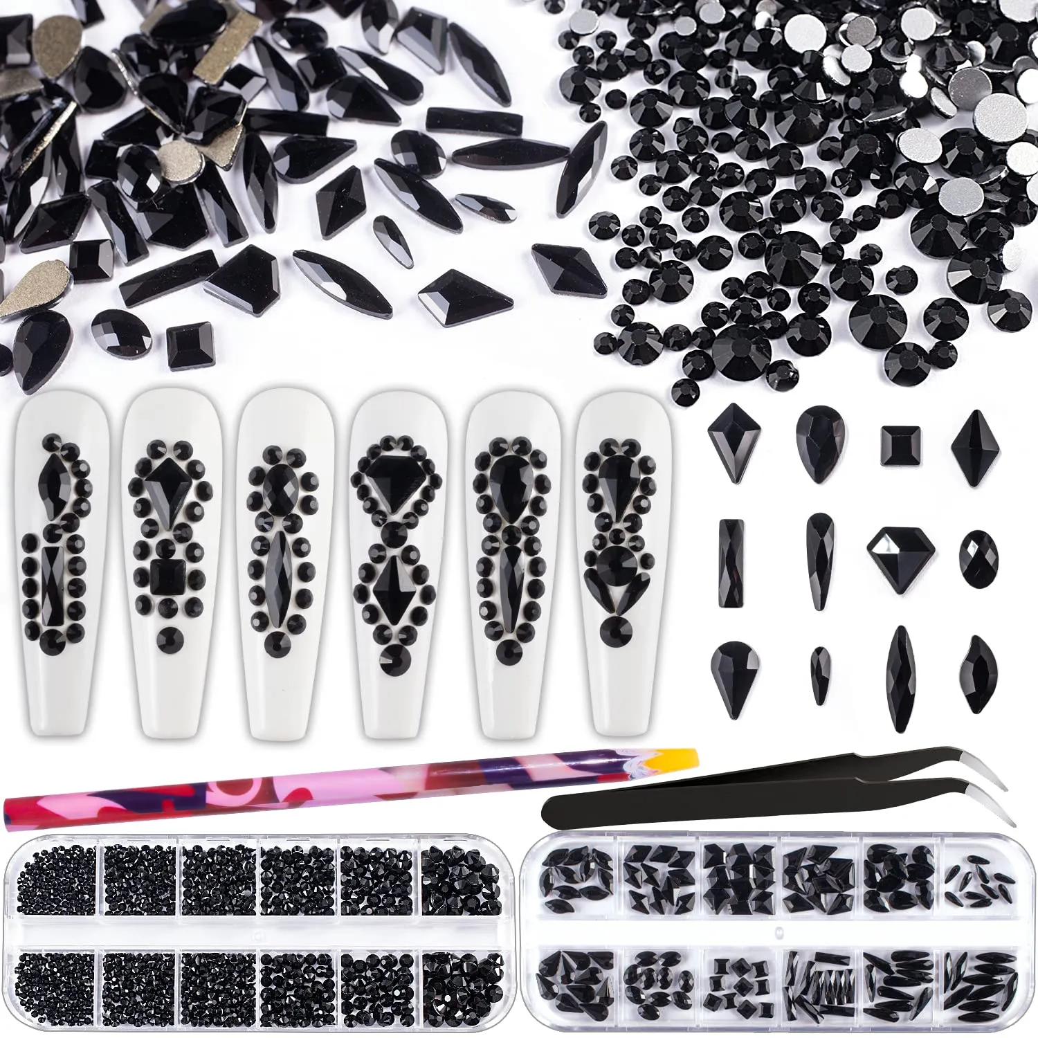 Multi Shapes 3D Glass AB Crystal Nail Art Rhinestones Kit with Flatback Round Bead Charm Gem Stone Jewelry Diamond with Pickup Pen   Tweezer for Manicure Craft Decoration by BELLEBOOST (Iridescent)