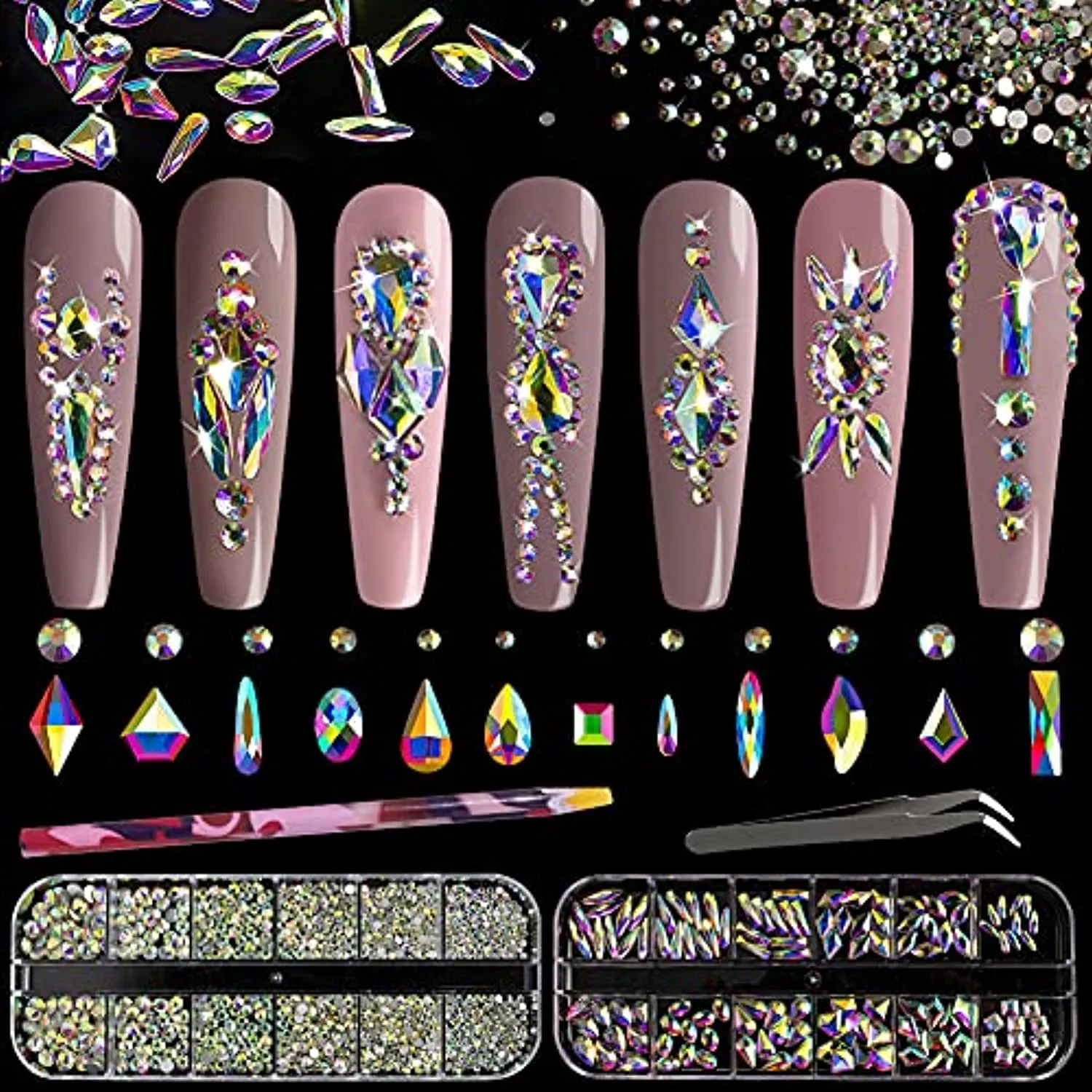 Multi Shapes 3D Glass AB Crystal Nail Art Rhinestones Kit with Flatback Round Bead Charm Gem Stone Jewelry Diamond with Pickup Pen   Tweezer for Manicure Craft Decoration by BELLEBOOST (Iridescent)