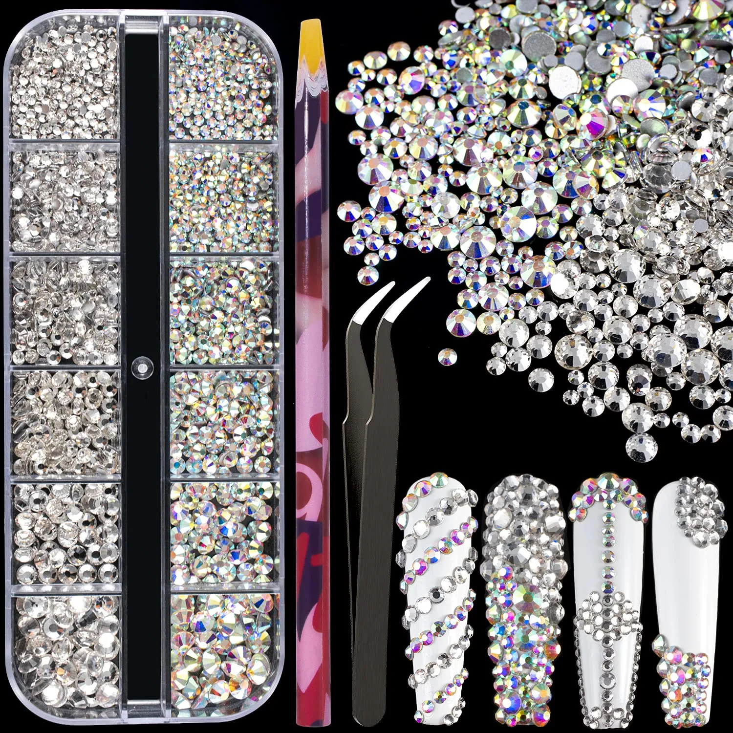 Multi Shapes 3D Glass AB Crystal Nail Art Rhinestones Kit with Flatback Round Bead Charm Gem Stone Jewelry Diamond with Pickup Pen   Tweezer for Manicure Craft Decoration by BELLEBOOST (Iridescent)