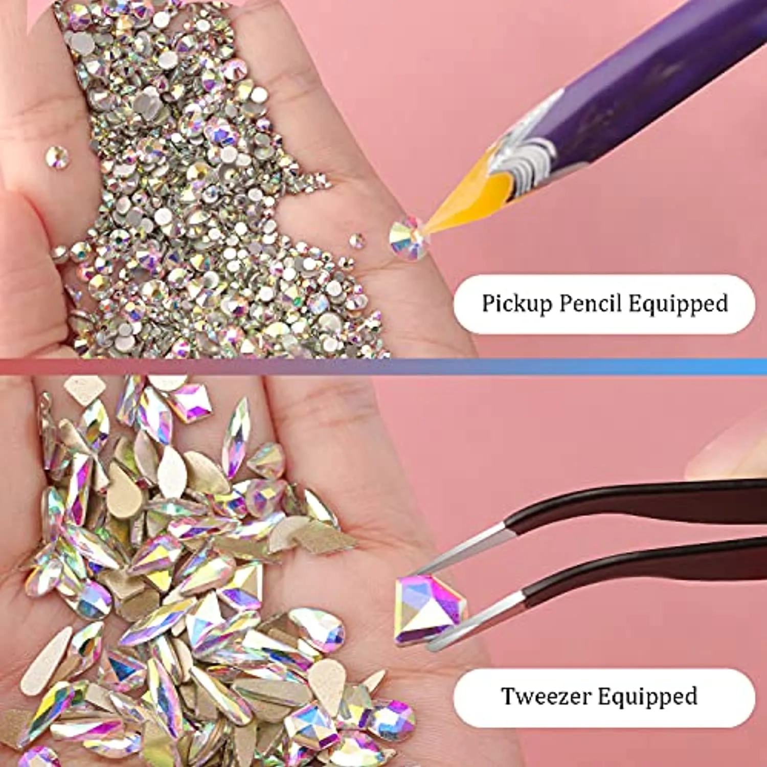 Multi Shapes 3D Glass AB Crystal Nail Art Rhinestones Kit with Flatback Round Bead Charm Gem Stone Jewelry Diamond with Pickup Pen   Tweezer for Manicure Craft Decoration by BELLEBOOST (Iridescent)