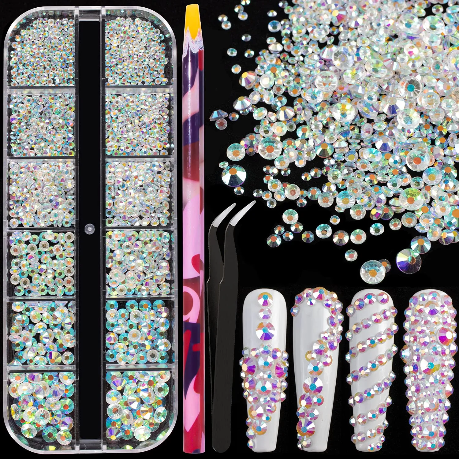 Multi Shapes 3D Glass AB Crystal Nail Art Rhinestones Kit with Flatback Round Bead Charm Gem Stone Jewelry Diamond with Pickup Pen   Tweezer for Manicure Craft Decoration by BELLEBOOST (Iridescent)
