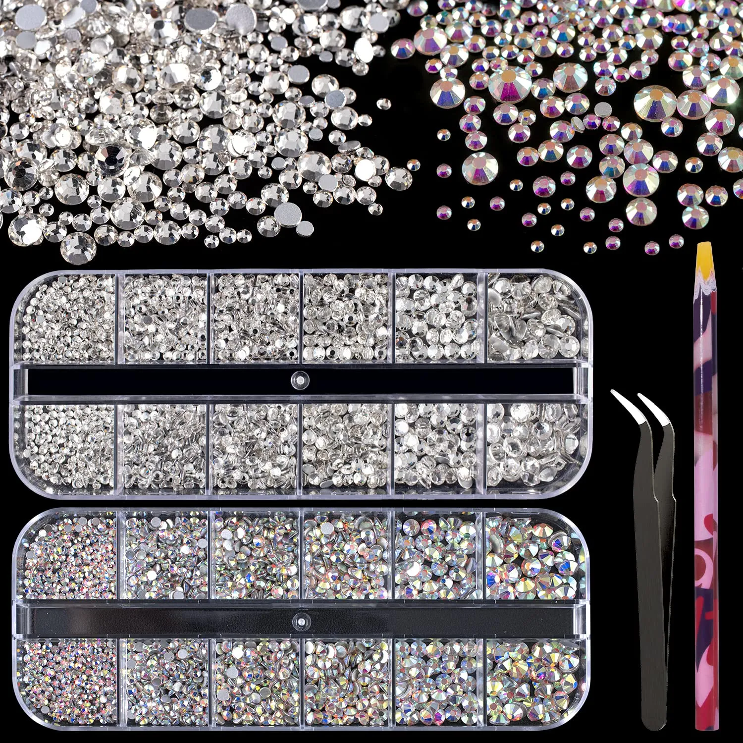 Multi Shapes 3D Glass AB Crystal Nail Art Rhinestones Kit with Flatback Round Bead Charm Gem Stone Jewelry Diamond with Pickup Pen   Tweezer for Manicure Craft Decoration by BELLEBOOST (Iridescent)