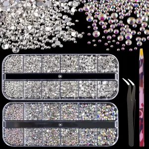 Multi Shapes 3D Glass AB Crystal Nail Art Rhinestones Kit with Flatback Round Bead Charm Gem Stone Jewelry Diamond with Pickup Pen   Tweezer for Manicure Craft Decoration by BELLEBOOST (Iridescent)