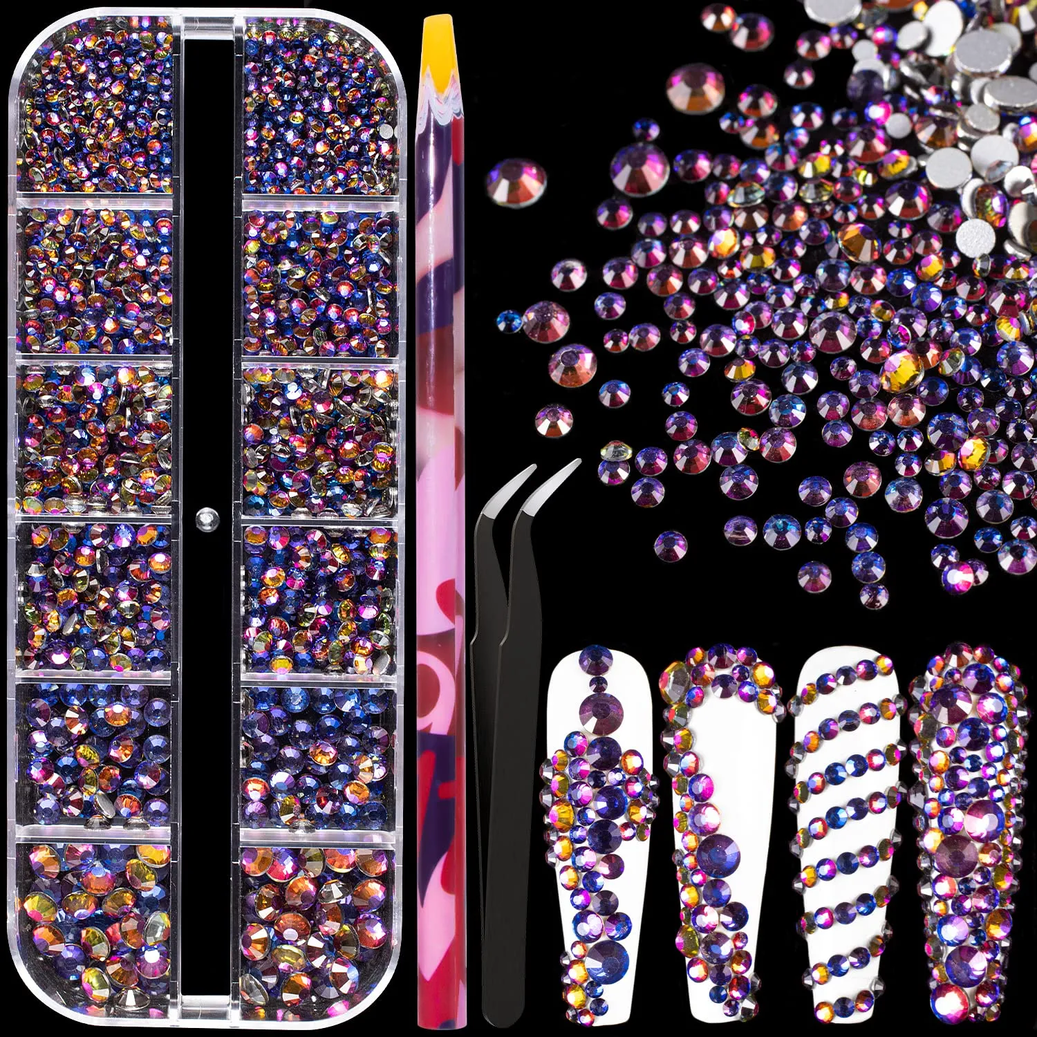Multi Shapes 3D Glass AB Crystal Nail Art Rhinestones Kit with Flatback Round Bead Charm Gem Stone Jewelry Diamond with Pickup Pen   Tweezer for Manicure Craft Decoration by BELLEBOOST (Iridescent)