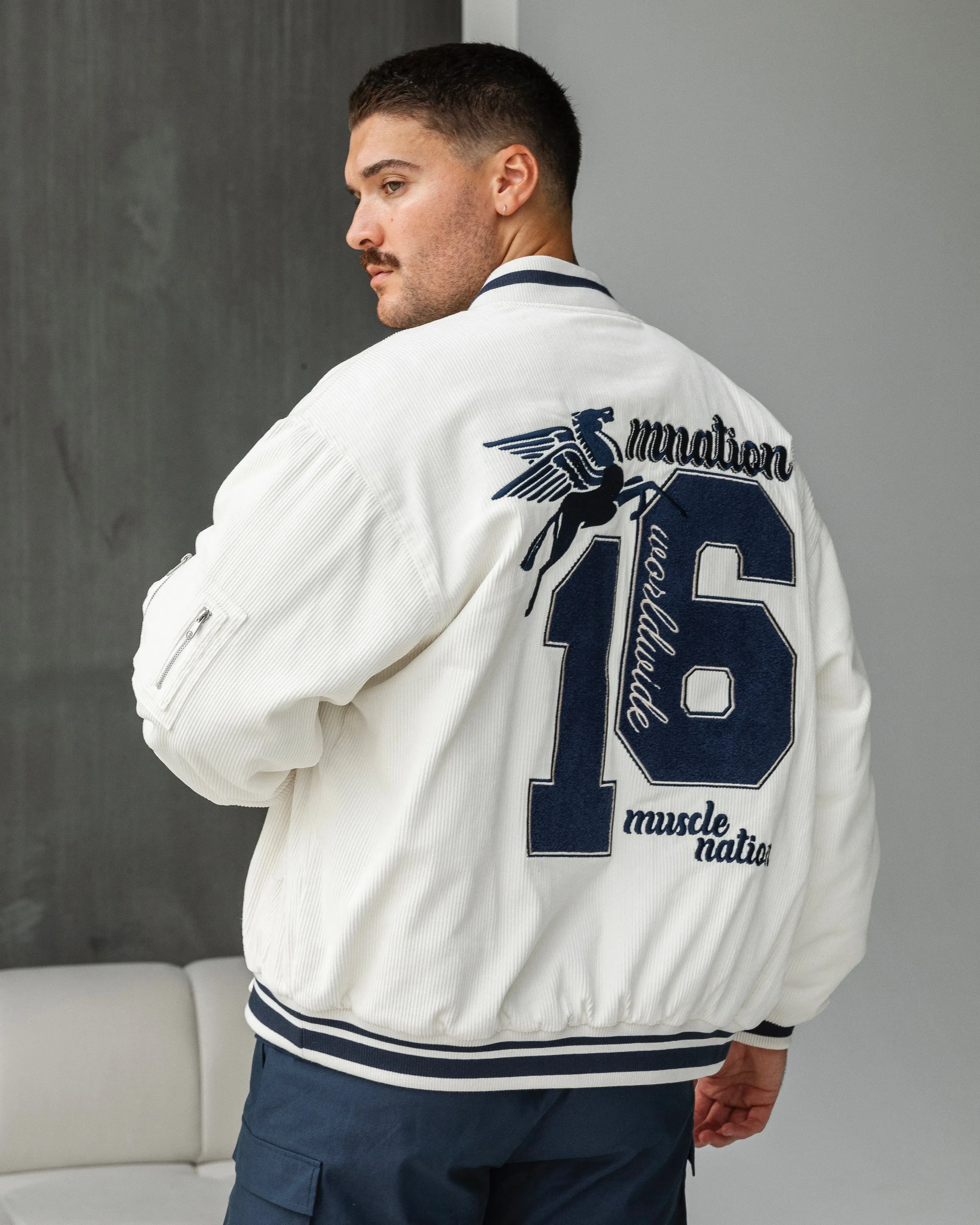 Muscle Nation | Retro Cord Bomber Jacket - Travertine
