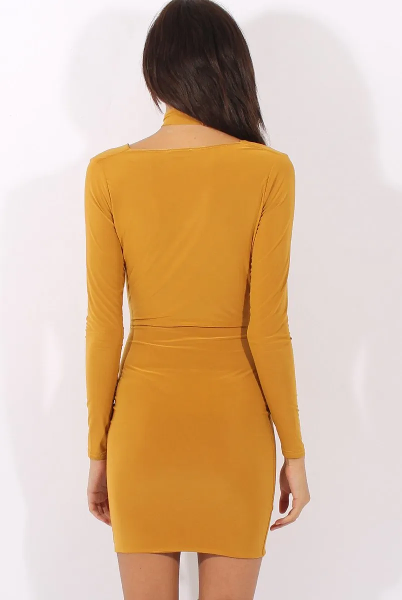 Mustard Cowl Neck Choker Bodycon Dress - Heidi
