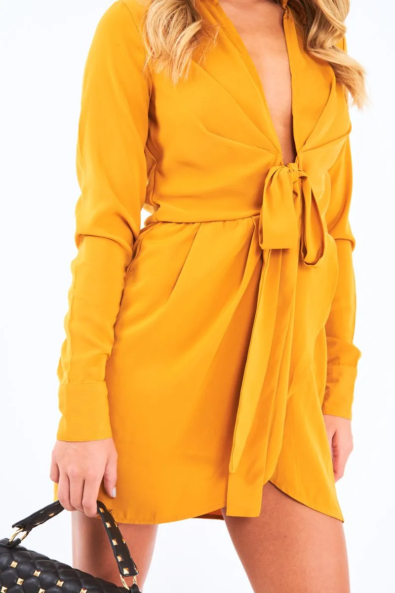 Mustard Tie Front Plunge Wrap Shirt Dress - Bexlee