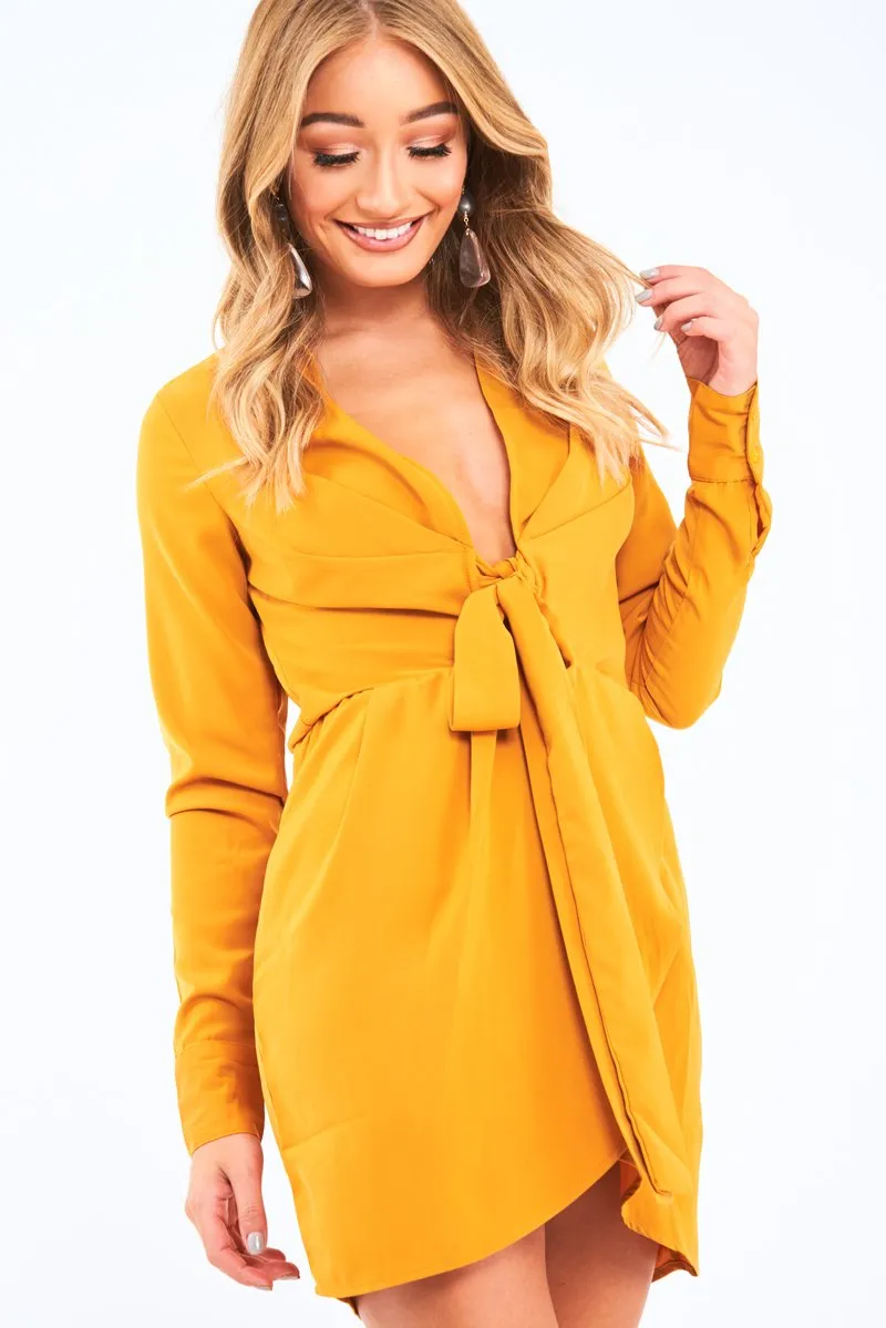 Mustard Tie Front Plunge Wrap Shirt Dress - Bexlee