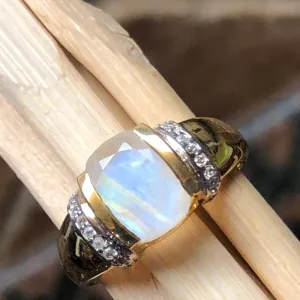 Natural Rainbow Moonstone 14k Gold Over 925 Sterling Silver Engagement Ring Size 6, 7, 8, 9, 10