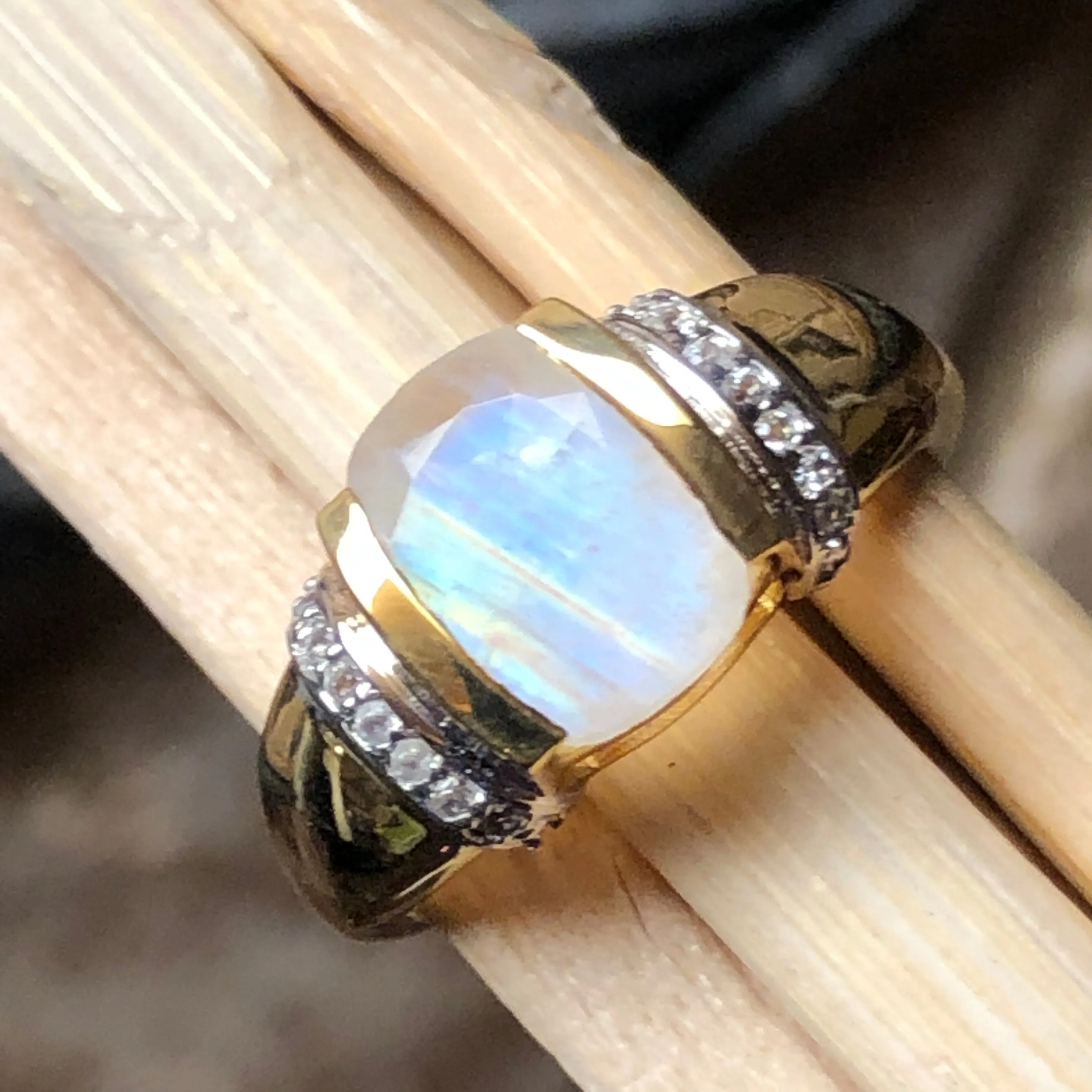 Natural Rainbow Moonstone 14k Gold Over 925 Sterling Silver Engagement Ring Size 6, 7, 8, 9, 10