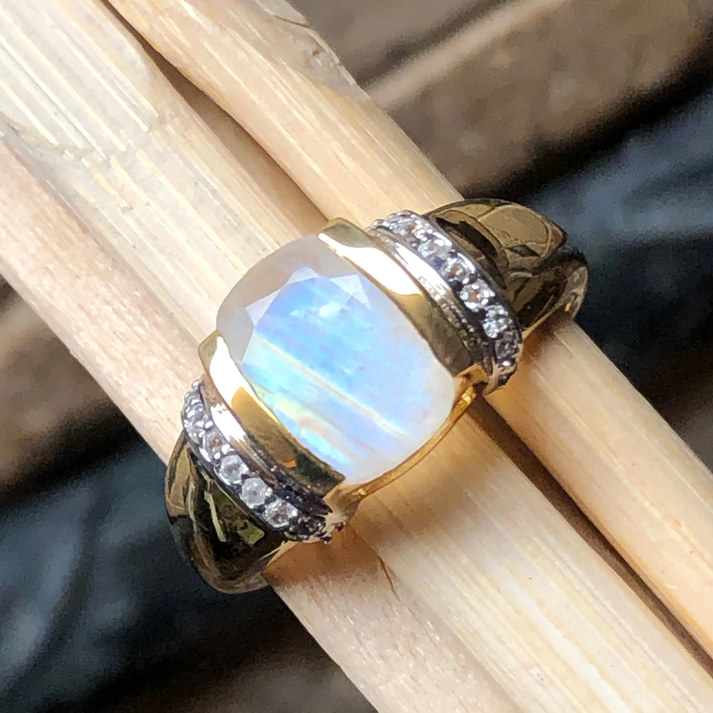 Natural Rainbow Moonstone 14k Gold Over 925 Sterling Silver Engagement Ring Size 6, 7, 8, 9, 10