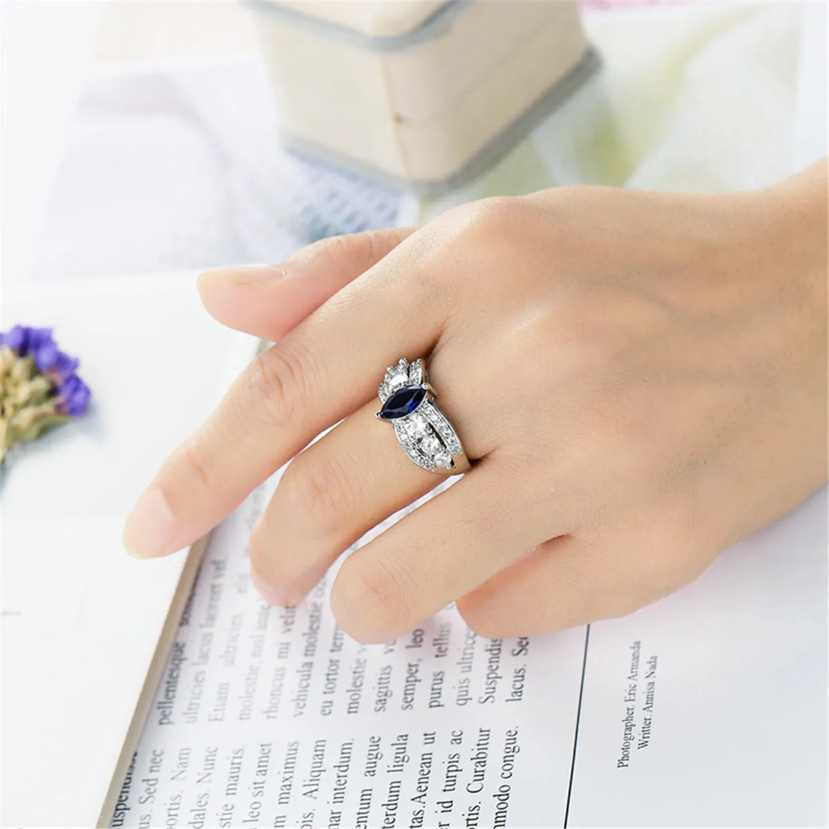Navy Crystal & Cubic Zirconia Marquis Ring